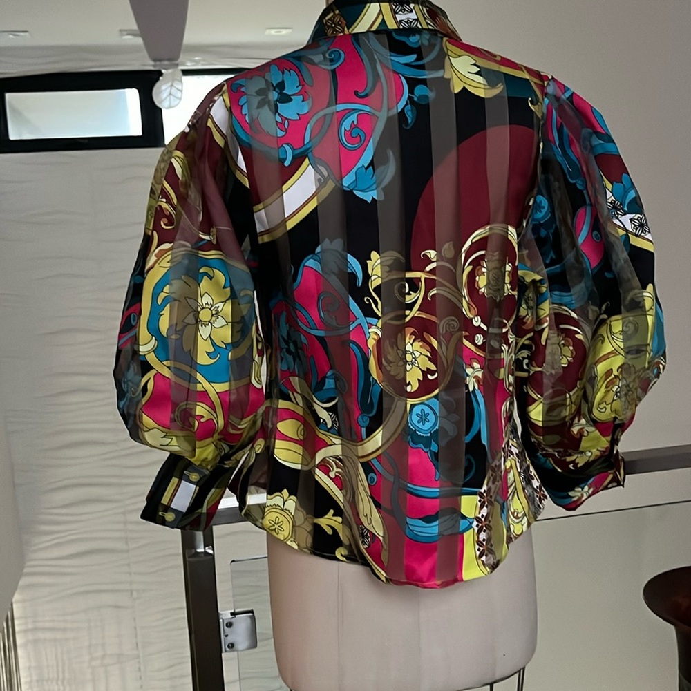 majestic multicolor print blouse with shear stripes and puff sleeves